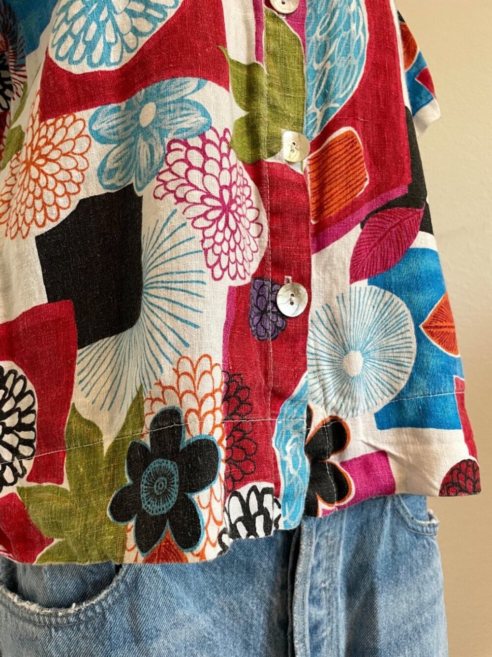Vintage Hot Cotton Marc Ware 100% Linen Abstract Button-Down Beach Shirt Small - Picture 5 of 13